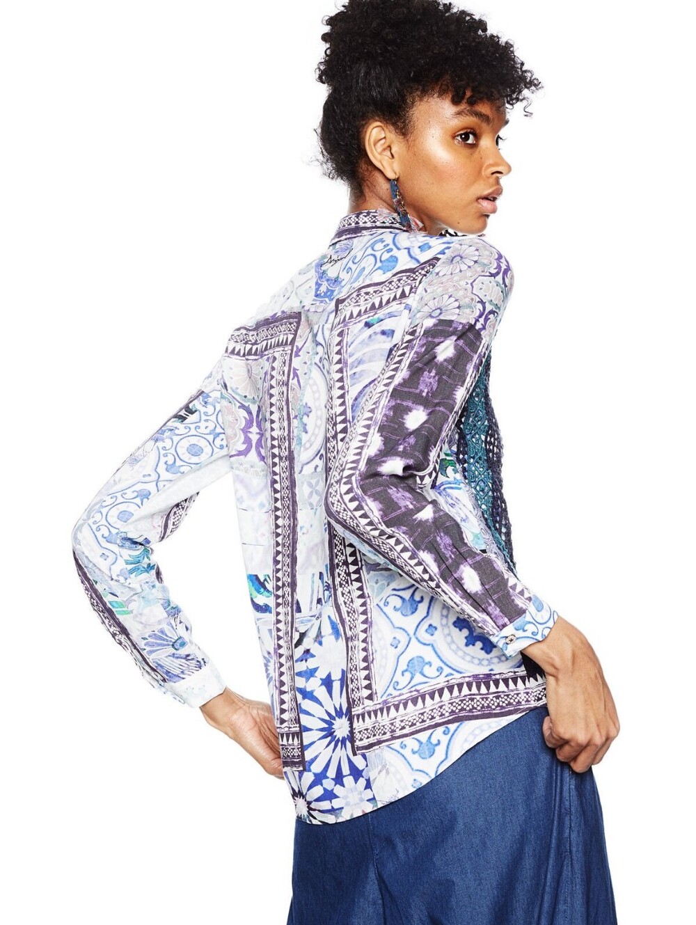 NWOT Desigual Estiva Ethnic Print Lace Embroidered Blouse Button Up Top Large
